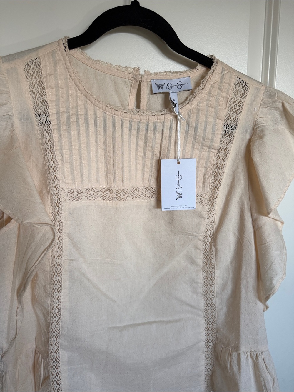 Jessica Simpson Cream Lace-Trim Peasant Top - Women size medium